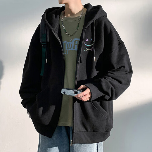 Changden American Cardigan Jacket Men's Autumn and Winter Velvet Jacket Trendy Loose Casual Hooded Sweatshirt Men's Zipper Jacket Black Thick Section 2XL