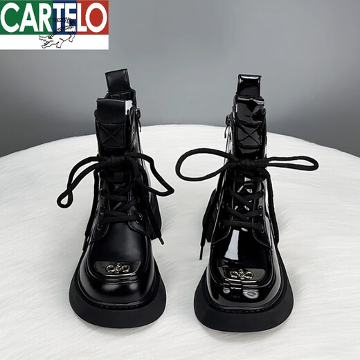 卡帝乐鳄鱼（CARTELO）真皮欧货马丁靴女款2024新款秋英伦风ins潮亮皮厚底短靴 黑亮(加绒款) 38