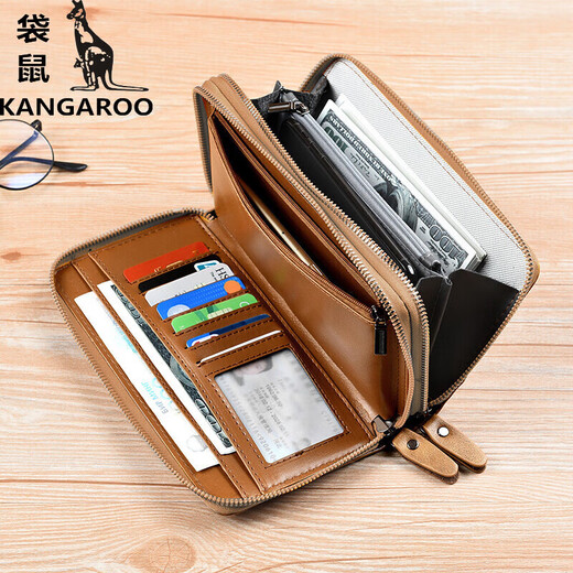 
Kangaroo (KANGAROO) boutique men's clutch bag long wallet simple large capacity wallet casual handbag new zipper men's double bag black