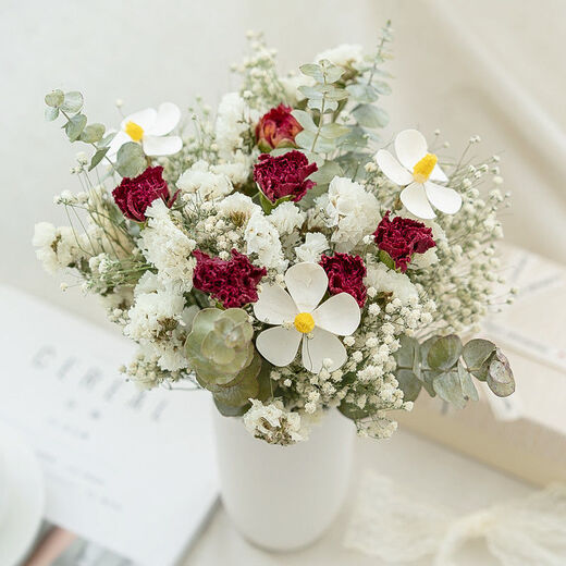 AIMAN Starry Little Roses Forget-Me-Not Dried Flower Bouquet Ins Style Home Furnishings Room Living Room Decoration Furnishings Lover Romantic Little Roses Full of Gypsophila + Pen Holder Ceramic Bottle