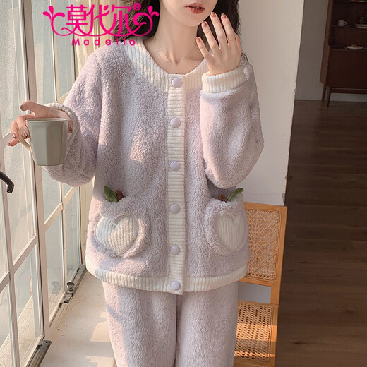 Pajamas de velours de corail modal pour les femmes en automne et hiver plus cardigan épaissis en velours ensemble de flanelle douce et mignonne pour l'usure en plein air 3881 à quatre feuilles L