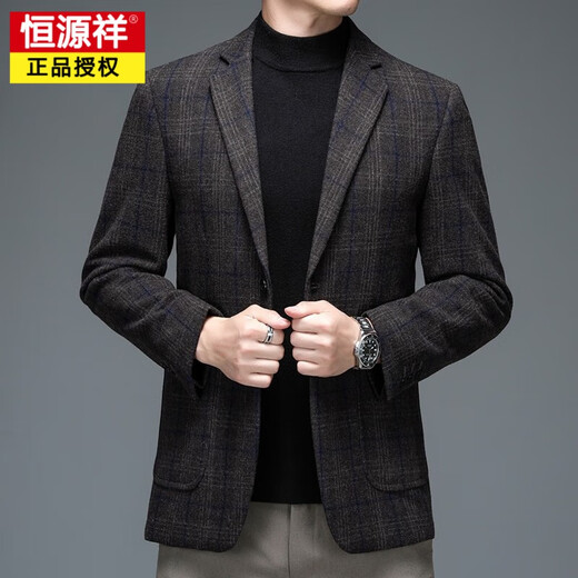 恒源祥春秋装羊毛呢小西装男加厚磨毛格子条纹呢子外套男中年休闲西服 灰色BGW-3 M