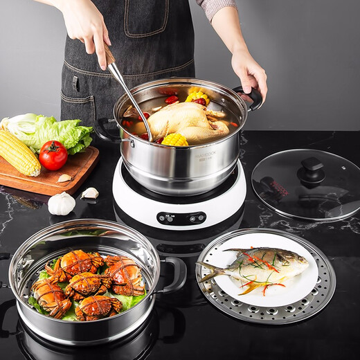 MAXCOOK 304 stainless steel steamer 28CM two-layer double bottom universal gas stove induction cooker two-layer MCZ788 30cm