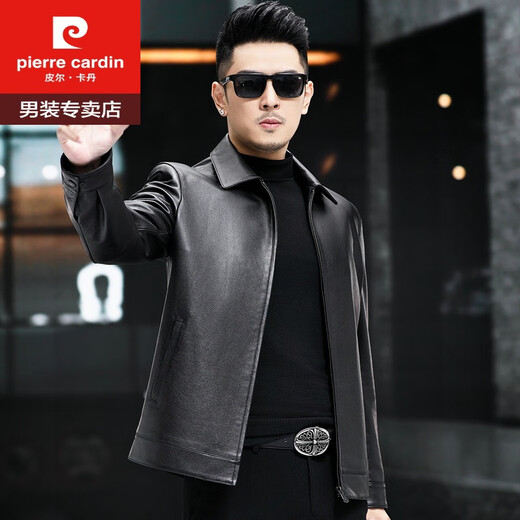皮尔卡丹（pierre cardin）海宁真皮皮衣男头层牛皮中青年翻领大码休闲商务皮夹克薄款爸爸装 黑色翻领 3XL
