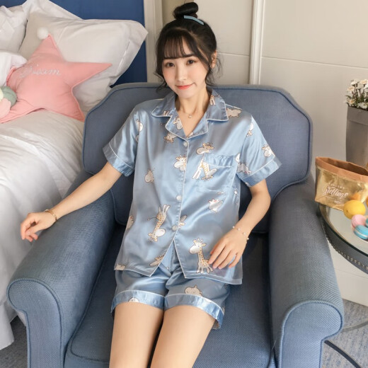 Xiaoxiao cloth simulated silk pajamas for women spring and autumn long-sleeved ice silk two-piece home wear suit Korean version cute student casual cardigan women's underwear home wear short-sleeved cardigan Giraffe XL