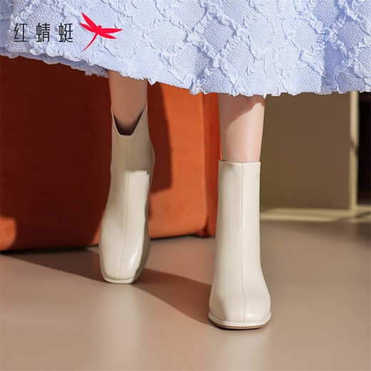 Red dragonfly short boots for women thick heel medium heel plus velvet to keep warm winter winter boots brand ankle boots women's boots 2024 winter off-white heel height 5.3cm 40