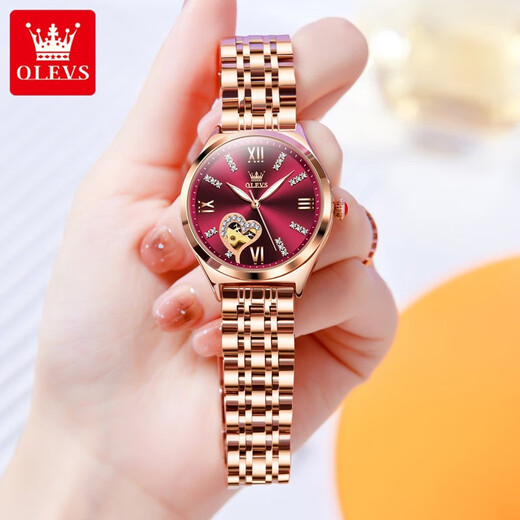 OLEVS Swiss certified brand watch women's mechanical watch fully automatic waterproof luminous women's watch hollow diamond-set fashion watch OLEVS-6636-steel belt rose shell red surface