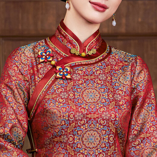 Xiyue 2025 Autumn Chinese Style Traditional Song Jinmulberry Silk Handmade Flower Button Cheongsam Dress High-end Banquet Dress New Year Red XL (Weight 115~125)