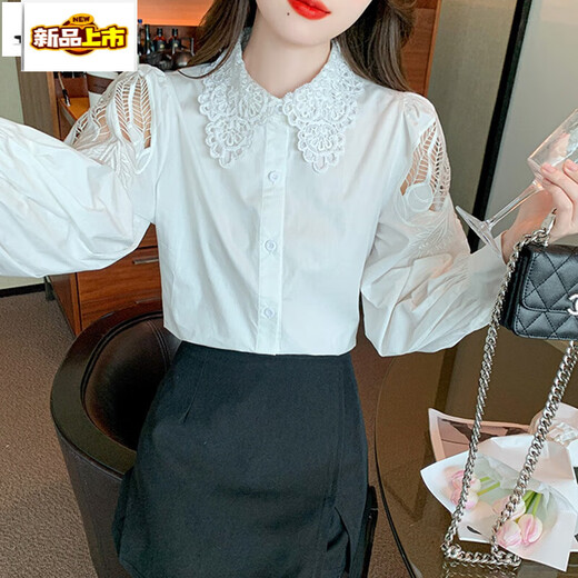 初径刺绣棉衬衫女2025年秋装新款时尚绣花白色衬衣宽松百搭长袖上 CY9227 黑色 L 【建议111-120斤】