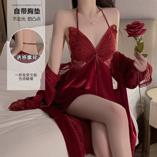 2024年新款内衣秋冬性感露背丝绒加胸垫纯欲吊带睡裙外袍家居服套 3879黑色(外袍+腰带) M