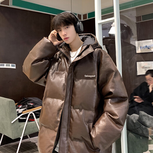 Poke Mailad PU leather cotton jacket men's hooded winter new American fashion brand thickened warm large size loose cotton jacket brown XL 130-150Jin Jin equals 0.5 kg