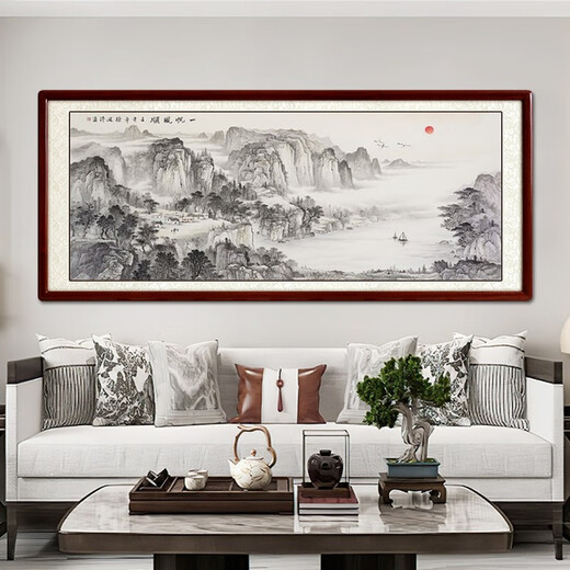 Shangdetang hand-painted Chinese painting landscape painting living room decoration painting office study hanging painting wall painting smooth sailing ink painting Sapele solid wood frame-rounded brown framed 218*88cm