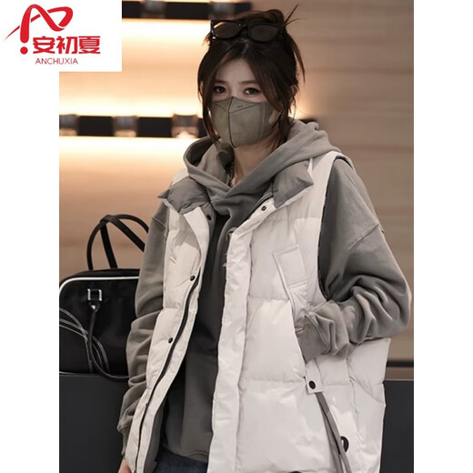 An Chuxia otoño e invierno nueva ropa exterior cálida chaqueta de algodón sin mangas chaleco de algodón de color sólido retro americano para hombres y mujeres albaricoque L