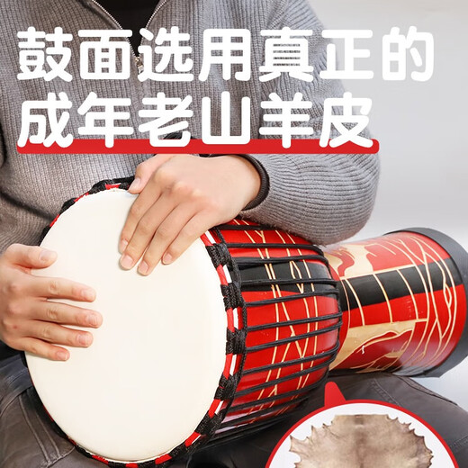 铂西诺非洲鼓木质羊皮鼓打击乐器成人儿童初学丽江手鼓8/10/12寸木鼓 【红雕大象】送学鼓礼包 标8寸-适合6岁以下儿童