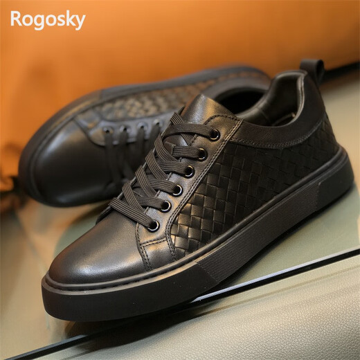 Rogosky Hong Kong trendy brand European station men's shoes hand-woven sneakers men's British style sneakers business casual shoes black white bottom 41 (leather shoe size)