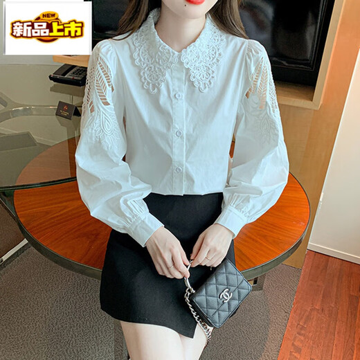 
First-diameter embroidered cotton shirt for women 2025 autumn new fashion embroidered white shirt loose versatile long-sleeved top CY9227 Black S [Suggested 75-95Jin [Jin equals 0.5 kg]]