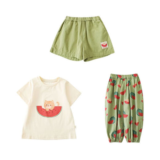 Youyou Girls Watermelon Series T-Shirt 2024 Summer New Cute Cartoon Green Shorts Baby Leg Pants Trendy Shorts Green (X3887) 90cm