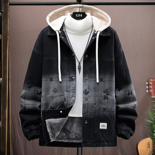 Zhiduoduo Chaqueta con capucha falsa de dos piezas para hombres Autumn and Winter Style Plus Velvet Dephinim Jacket para hombres Adolescentes American Retro Algody Ropa 9855 Negro más terciopelo 10xl m Aproximadamente 90-105 Jin [Jin equivale a 0.5 kg] se puede usar