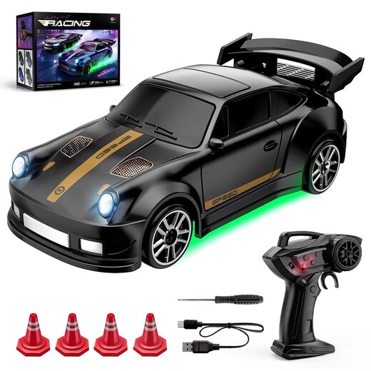 Rc mini drift remote control car desktop 1:64 pocket car model four-wheel drive racing boy toy USB Porsche Black Warrior-desktop remote control car free drift