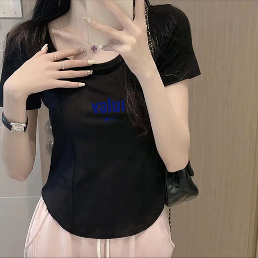 UZSC Camiseta de manga corta con dobladillo curvado irregular ajustada al hombro derecho de algodón para mujer en verano para personas pequeñas para pellizcar la cintura y lucir un top adelgazante de moda 869-blanco 112 M