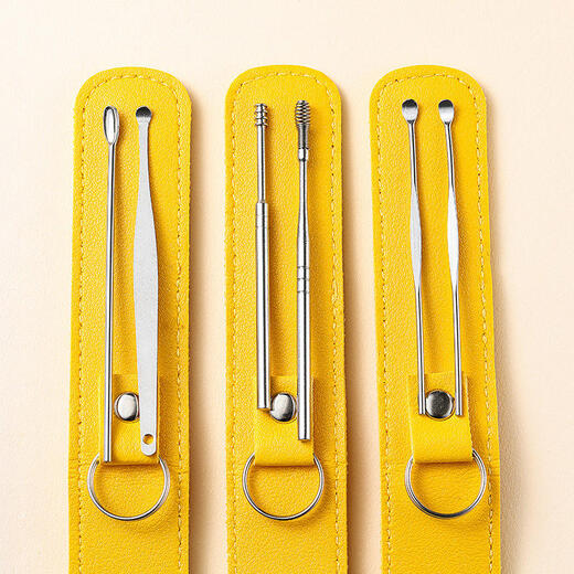 Han Meichen ear scoop six-piece set of ear picking tools stainless steel ear scoop leather bag cleaner household portable yellow light-emitting ear scoop 6 pieces (yellow leather set)