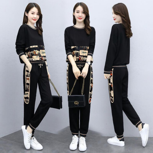 Duomao fashion casual pants women's suit loose 2021 spring new pants outer wear pants high waist casual sweatpants versatile trendy black 2XL [recommended 120-130Jin [Jin equals 0.5 kg]]