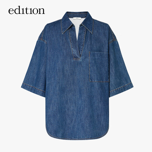 Edition denim shirt women's new summer style handsome neutral style pullover loose short-sleeved denim top denim blue S (160)