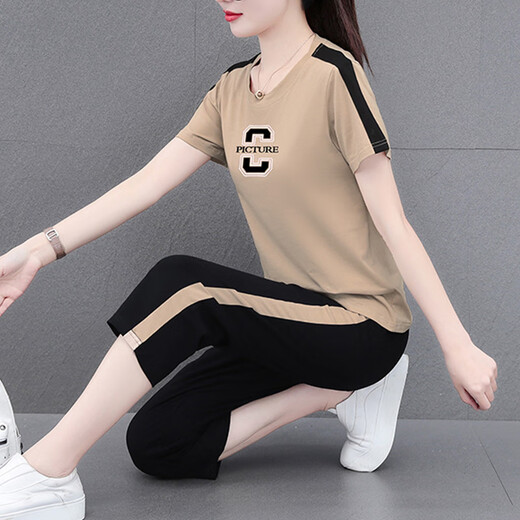 NY-EMMA运动套装女短袖夏季薄款高档洋气减龄棉质休闲时尚跑步服两件套 687橘色（七分裤套装） M(建议80-95斤)