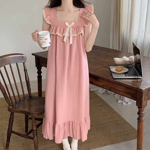
Slim and beautiful summer princess style cotton suspender nightgown for women in summer thin pajamas with chest pad girl mid-length dress 9905 black M