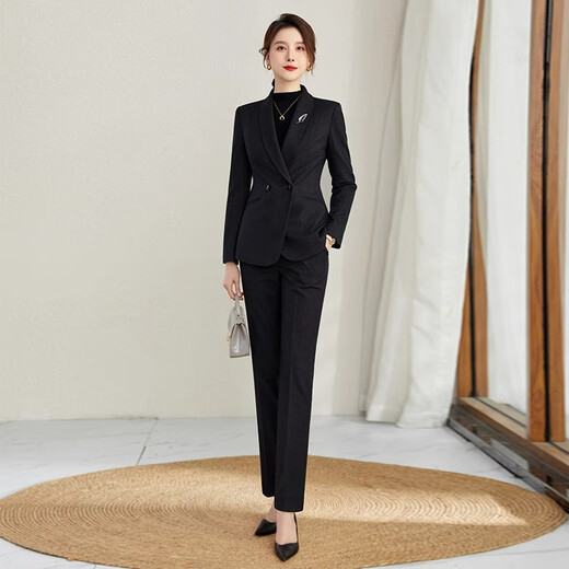 ROMON high-end professional suit, thickened formal suit, winter professional suit, fashionable commuting suit for women, navy blue suit jacket + trousers XL
