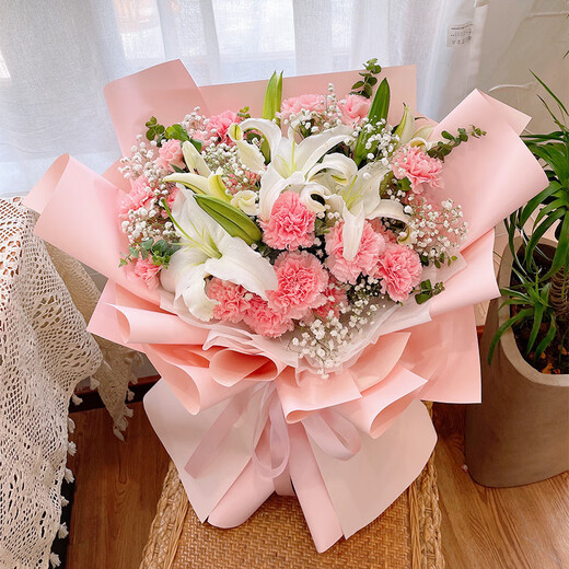 馨仪鲜花速递百合花玫瑰花束生日礼物送女友全国同城配送 19朵粉色康乃馨+6朵白百合混搭花束