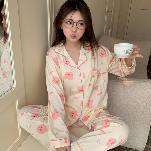
REJIP spring and autumn cotton pajamas women ins cute cartoon lapel cardigan loose thin style can be worn outside home clothing set 9227 XL