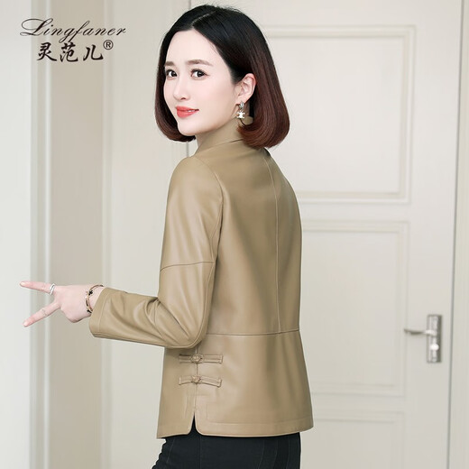 Lingfaner Haining genuine leather jacket for women autumn new casual small sheepskin jacket short style autumn leaf yellow M