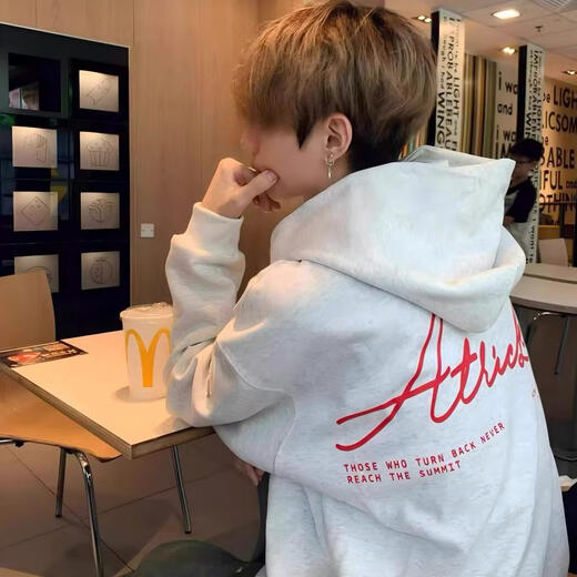 Digada white and gray American retro high street hooded sweatshirt for men in spring, autumn and winter plus velvet trendy all-match top casual sweatshirt CXS-LM459 white gray plus velvet M (size is too small, it is recommended to go up one size)