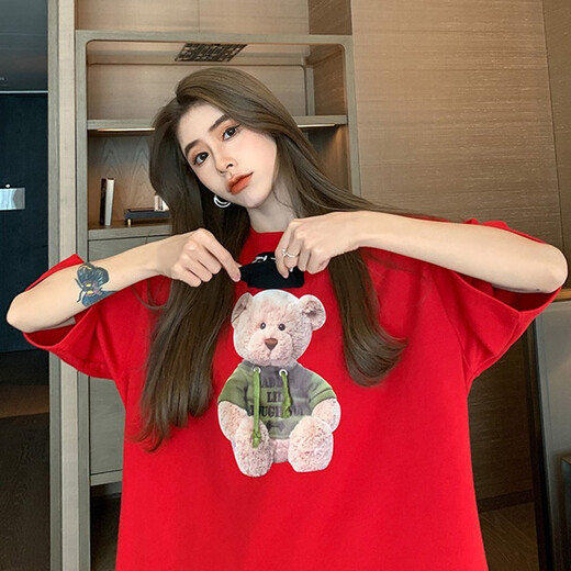 
Shanidoluo large size women's T-shirt for women fat mm summer clothing new product covering belly to make it look slim and loose bear patch top 16855 red 3XL recommended 140-160Jin [Jin equals 0.5 kg] to wear