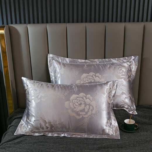 Tiansi Pillow Case A pair of ice silk tribute satin jacquard European silk adult couple wedding student pillow core cover 10 prosperous times flower fragrance-Snow Green 48cmX74cm