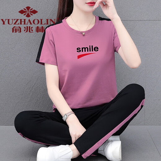俞兆林 妈妈装夏季薄款运动套装女2024年新款装时尚夏装休闲棉短袖两件 宝蓝 [九分裤套装]WK695 M (建议80-95斤)