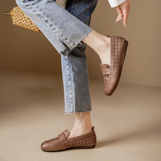 
Kanglibi genuine leather soft sole mother shoes single shoes middle-aged and old comfortable and not tired leather shoes middle-aged and old young and non-slip women's shoes spring and autumn style 677 hole style bean paste color mother comfortable and good shoes 38