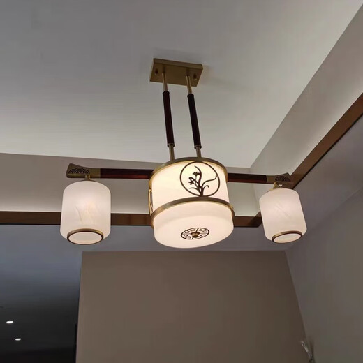 灯乔全铜新中式餐厅吊灯现代中国风长条餐桌书房茶室实木客厅灯具9275 5头餐吊-三色光【铜+黑胡桃木】