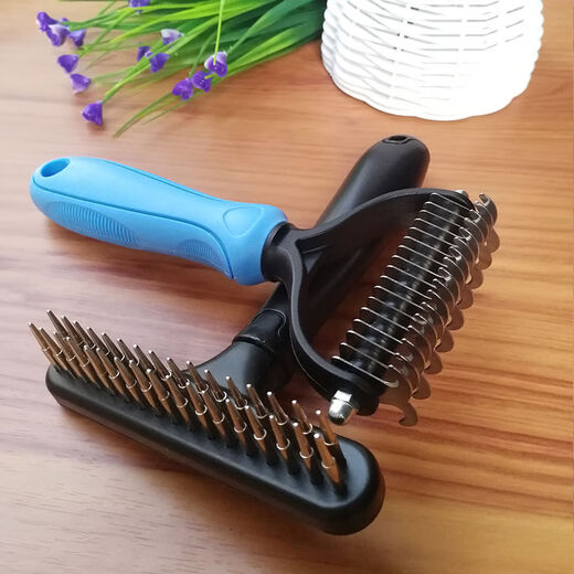 Jiajiemei Dog Hair Brush Depilation Comb Long-haired Alaskan Border Collie Golden Retriever Special Large Dog Nail Rake Comb Sky Blue + Knot Knife