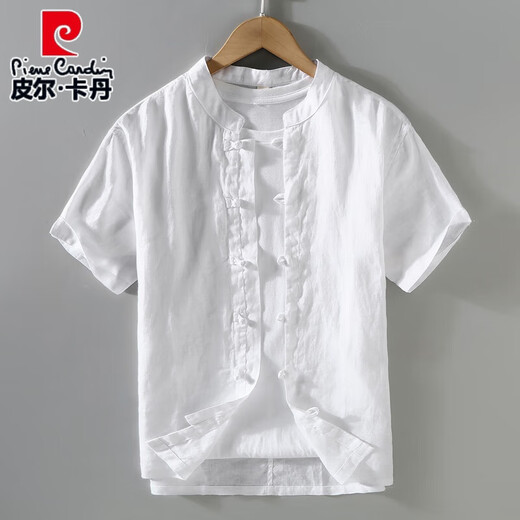 Pier Cardin Retro chinesischer Stil Sommer-Leinen Top Tang Anzug Herren-Standkragen dünne kurzärmelige Baumwoll-Leinenhemd Chinesisches Button-Up-Shirt 1047 Original Hanffarbe xxxl