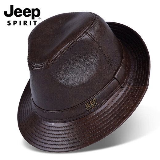 JEEP SPIRIT Genuine Leather Hat Men's Autumn and Winter Jazz Hat for Middle-aged and Elderly Cowhide Gentleman Hat Shanghai Beach Hat Outdoor Dad Hat Cowhide Brown Medium Size XL (57-58cm)