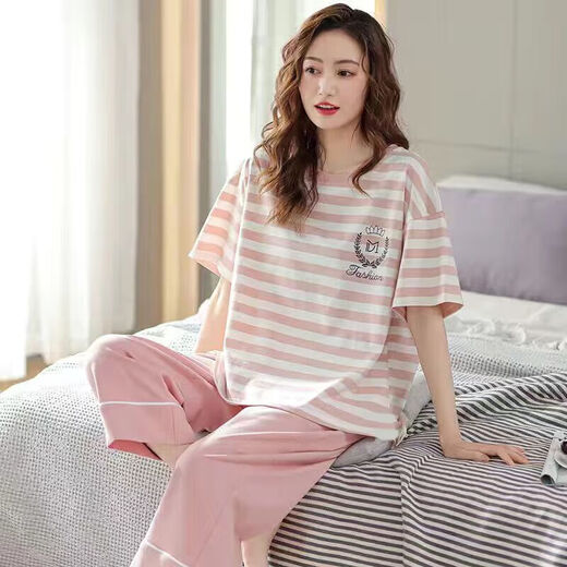 浪莎（LangSha）睡衣女夏季短袖七分裤加大宽松春夏天可外穿卡通可爱家居服套装 短袖七分裤5503_-684深紫 XL _建议115-125斤穿