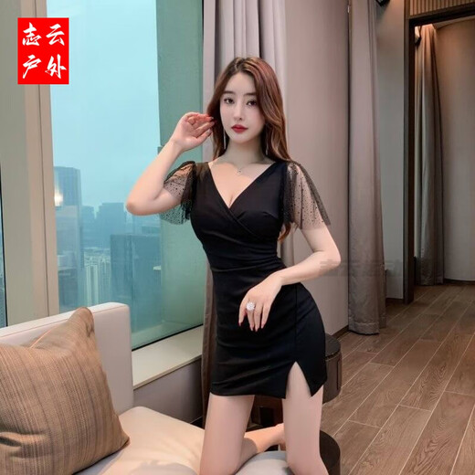 筏芯夜场工作服女夜总会连衣裙女深V礼服足疗足浴技师工作服性感包臀 3882黑色 3XL  建议135-150斤