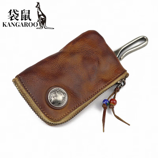 Känguru (Känguru) Top -Layer -Gemüse gebräunte Lederschlüsseltasche für Frauen handgefertigtes alte Wäsche Kuhläbner Retro -Stil Reißverschluss -Autotür für Männer für Männer hellbraun