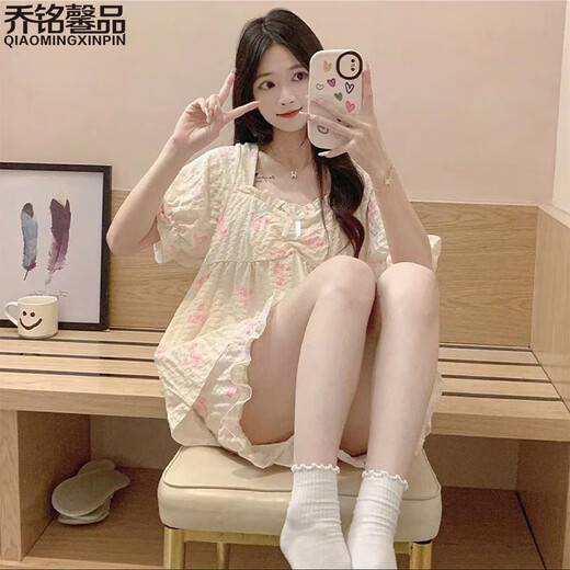 乔铭馨品带胸垫睡衣女夏季短袖纯欲棉质可爱家居服薄款学生宽松套装 DWX-3927-2【自带胸垫】 2XL 【130-150斤】
