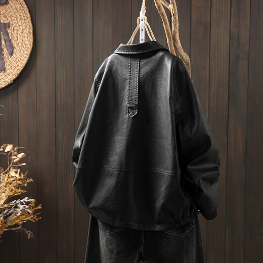 AEMAPE black leather jacket women's loose and slim spring and autumn new style lapel pu leather motorcycle jacket Hong Kong style jacket trendy black L -110-125Jin Jin equals 0.5 kg
