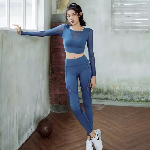 Sporn yoga clothing women's suit spring and summer new professional Pilates fitness clothing high-end sexy temperament running sports suit deep sea blue top (with chest pad) + leg shaping trousers XXL (130-145Jin Jin equals 0.5kg)