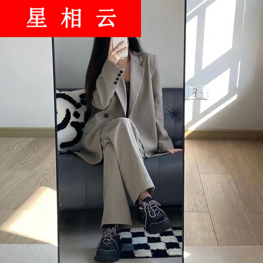 IGJKP时尚休闲西装外套女春夏韩版宽松显瘦两套装西服套装 茶灰色套 XL