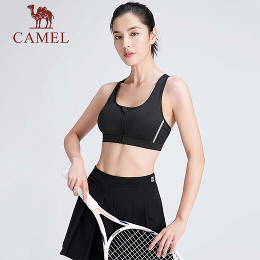 骆驼运动背心女士外穿聚拢美背跑步文胸瑜伽训练健身服内衣 J0S1Q9905，黑色，女 2XL